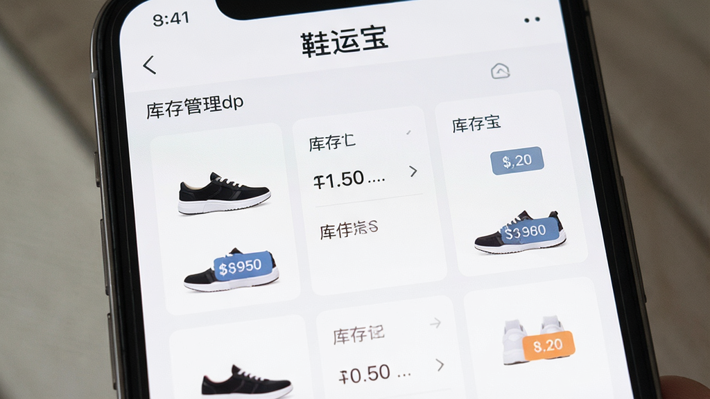 一张手机屏幕特写图,画面中“鞋运宝”APP的库存管理页面清晰可见,主体是鞋类列表和库存数量标签,布局采用卡片式设计,排版整齐,风格简约现代,细节精致,画质干净,无多余元素,文字标注“鞋运宝”