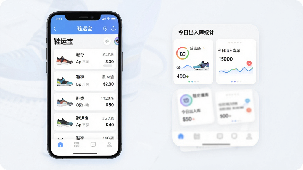 一张手机应用界面展示图,主体是“鞋运宝”APP的主界面,布局包含鞋类库存列表、今日出入库统计卡片和底部导航栏,排版清晰有序,风格是现代扁平化设计,细节圆润,画质干净,无多余元素,文字标注“鞋运宝”