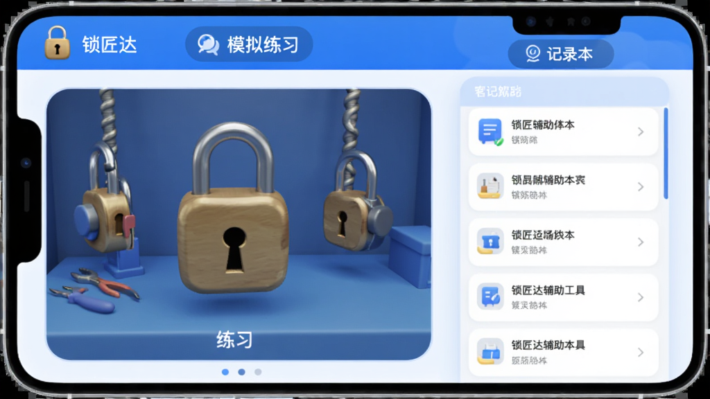 �����︨�����߽��棬չʾ������App�ڵ�ģ����ϰ�ͼ�¼�����ܣ�������������������ϰ����ͱʼ��б������ֺ���������ִ���������ɫ��ϸ��Բ�󣬻��ʸɾ��޶���Ԫ��