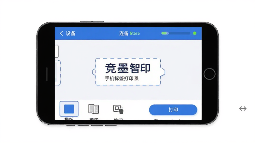 竞墨智印 手机标签打印工具 主界面展示 蓝白配色 简洁排版 顶部显示设备连接状态 中间为标签编辑区 底部有模板库和打印按钮 现代扁平风格 画质干净无多余元素