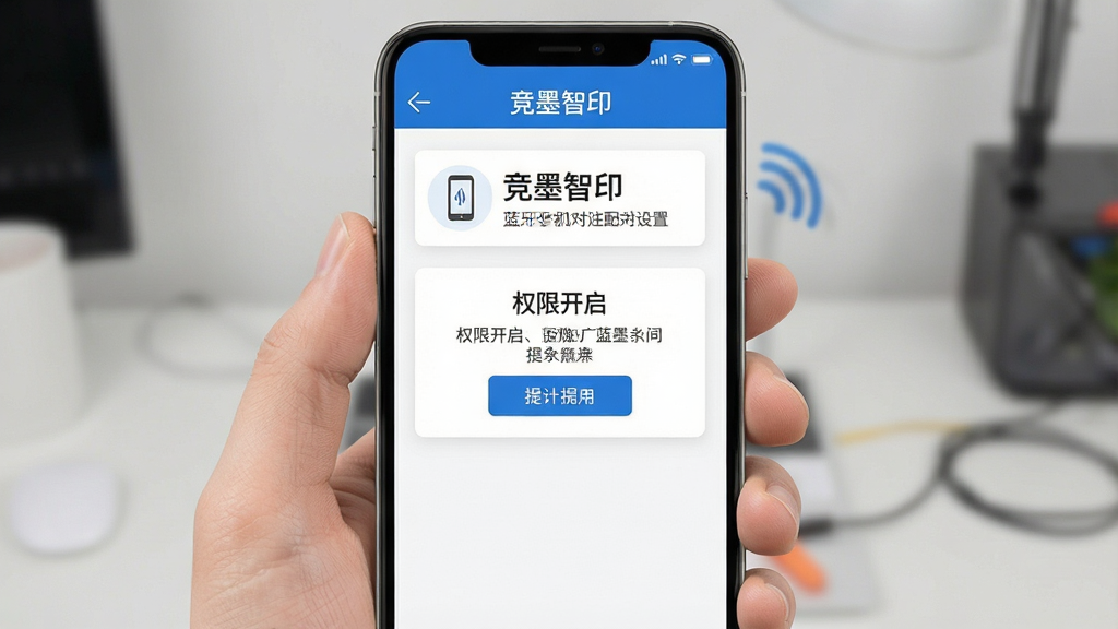 竞墨智印 安卓手机 蓝牙配对设置界面 权限开启提示 简洁明了的操作指引 蓝白配色 现代扁平风格 画质干净