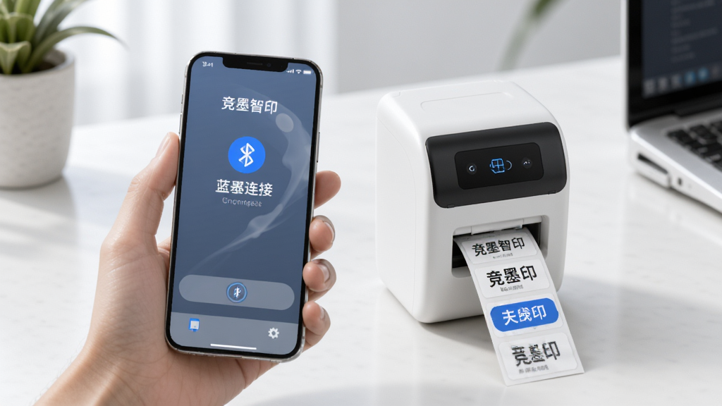竞墨智印 蓝牙连接 便携打印机 标签打印场景 手机屏幕显示连接成功 旁边放着打印好的标签 简洁明亮 现代科技感 画质干净