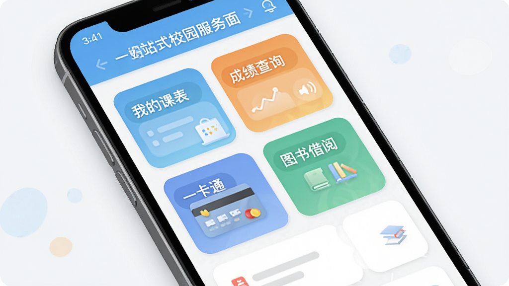 ����ͨһվʽУ԰������棬����չʾ�ֻ���Ļ�ڶ������ģ���������У��������ҵĿα��������ɼ���ѯ������һ��ͨ������ͼ����ġ������ֱ�ǩ��ģ����Բ�Ǿ��ο�Ƭ���֣���ɫ���£�������࣬���ͳһ�����ʸɾ��޶���Ԫ��