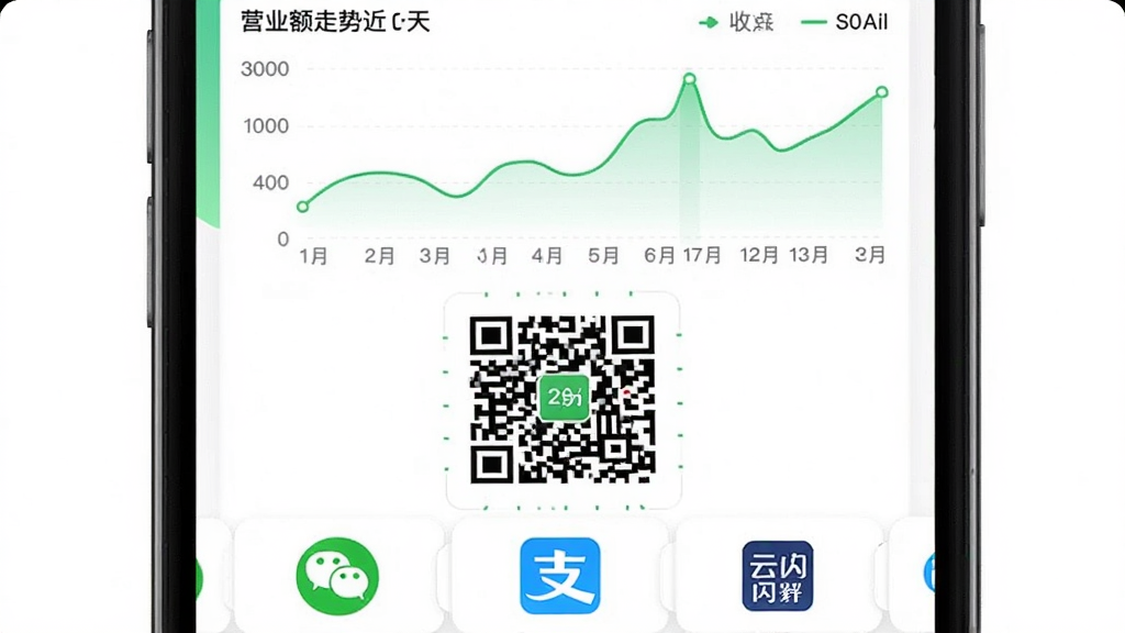һ�ž�Ӫ��APP���տ��뱨�������ͼ���ֻ���Ļ��ʾһ���ۺ��տ��ά�룬��ά���·�������ʾ��΢�š�֧��������������ͼ�꣬��Ļ�ϰ벿����һ������������ͼ����ʾ�Ž������Ӫҵ�����ƣ�ͼ����ɫΪ���µ���ɫ�����廭��ɾ�����������Ϣ
