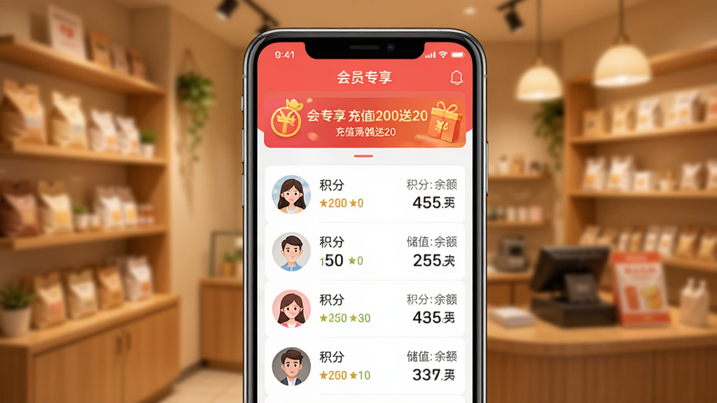 һ�ž�Ӫ��APP�Ļ�Ա��������ͼ���ֻ���Ļ����ʾ�Ż�Ա�б���ÿ����Աͷ���Ա�ע�Ż��ֺʹ�ֵ����Ļ�Ϸ���һ����Ŀ�ĺ����д�š���Աר�� ��ֵ��200��20����������ůɫ���ĵ��̳����黯��������У�ϸ������