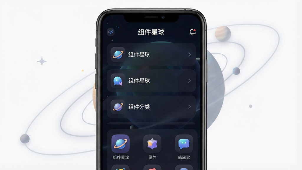 一张手机应用界面展示图,画面中心是“组件星球”应用的主界面,顶部标题栏写着“组件星球”四个字,下方是清晰的应用列表和组件分类图标,整体采用深色科技风配色,背景有淡淡的星球轨道元素点缀,界面布局简洁有序,图标圆润精致,画质干净清晰,无多余杂乱元素