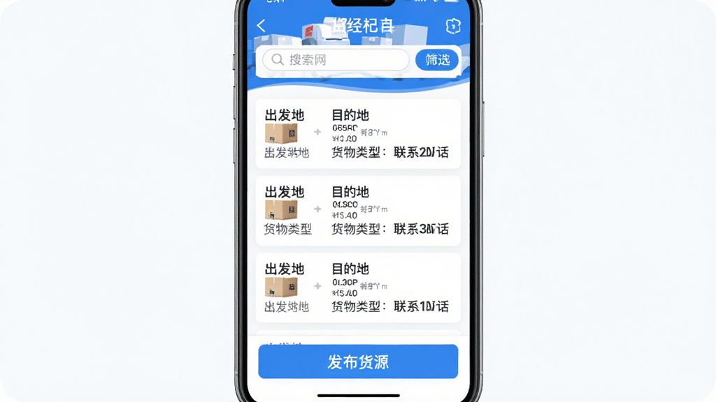 һ���ֻ���Ļչʾ��ͨ�����������APP�������棬���涥������������ɸѡ��ť���м��ǹ����Ļ�Դ�б���ÿ����Դ��ʾ�����ء�Ŀ�ĵء��������ͺ���ϵ�绰���ײ�����Ŀ�ķ�����Դ��ť��������ɫ����ɫ�Ͱ�ɫΪ����������ִ��������������ɾ��޶���Ԫ��
