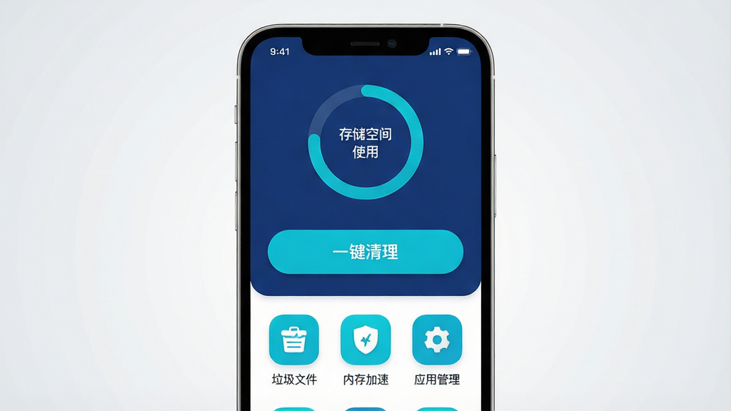一张展示WalleCube手机应用主界面的图片,画面中央是一部现代智能手机,屏幕上显示着WalleCube的界面,界面以深蓝色和青色为主色调,顶部有存储空间使用情况的圆环图表,中间是醒目的“一键清理”按钮,下方有垃圾文件、内存加速、应用管理等功能图标,背景是干净的浅灰色渐变,风格简洁现代,图标圆润,画质清晰干净,无多余元素。