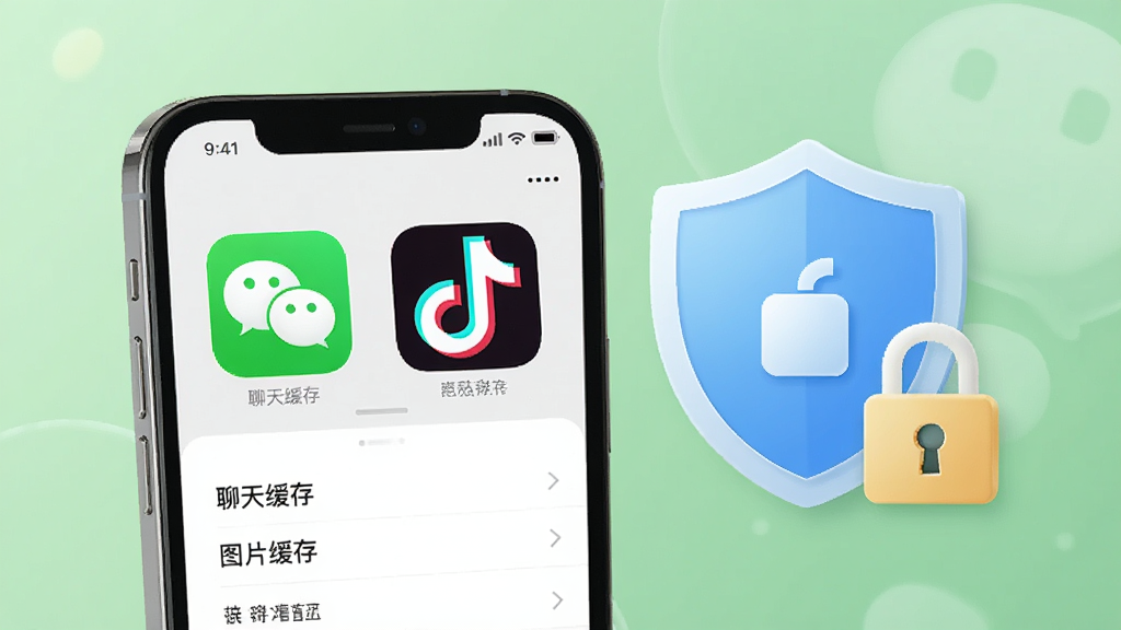 一张展示WalleCube应用专清功能的图片,画面中一部手机屏幕显示微信和抖音的图标,旁边有盾牌和锁的符号表示隐私保护,界面有“聊天缓存”、“图片缓存”等选项,背景是柔和的绿色调,风格安全可靠,画质干净,无多余元素。