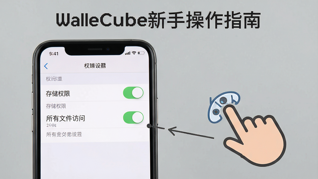 一张展示WalleCube新手操作指南的图片,画面中一部手机屏幕显示权限设置界面,有“存储权限”、“所有文件访问”等开关,旁边有手指点击的图标,背景是简洁的灰色,风格教程指引,画质干净,无多余元素。