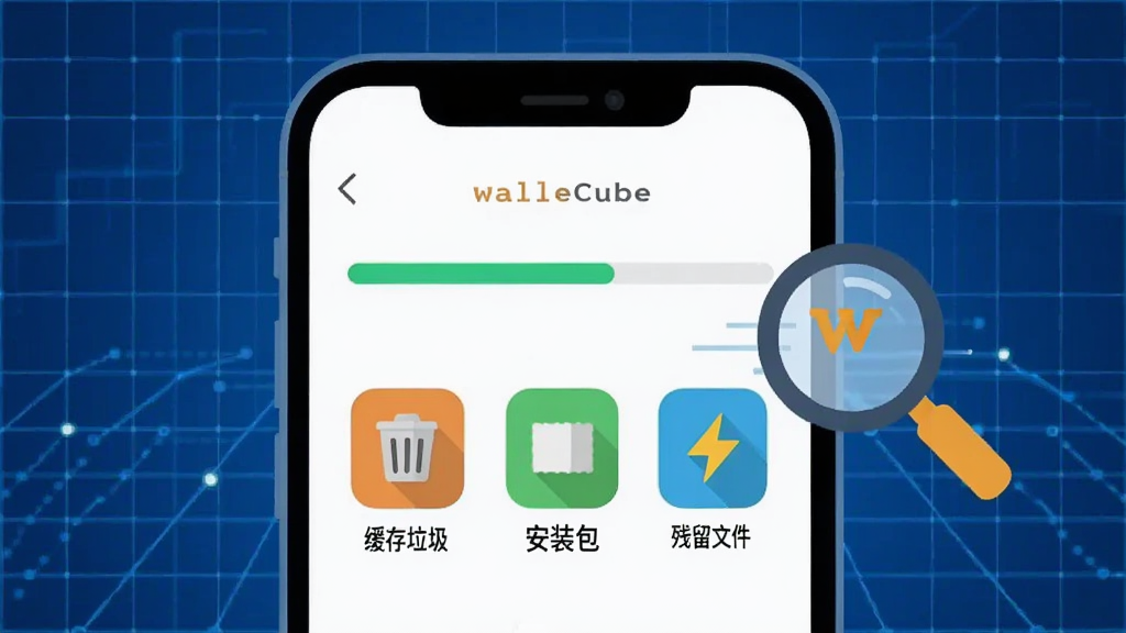 一张展示WalleCube智能扫描功能的图片,画面中一部手机屏幕显示扫描进度条和分类图标,包括“缓存垃圾”、“安装包”、“残留文件”等标签,旁边有放大镜图标和闪电符号表示速度,背景是科技感的蓝色网格,风格扁平化,色彩明亮,画质干净,无多余元素。