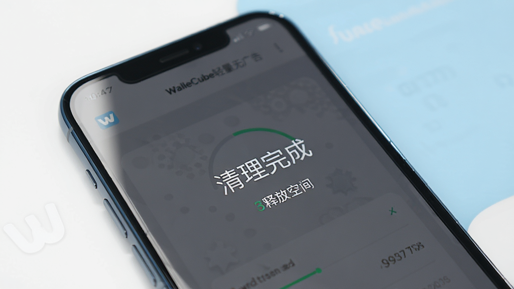 一张展示WalleCube轻量无广告特点的图片,画面中一部手机屏幕显示简洁的清理完成界面,有“清理完成”字样和释放的空间数字,背景是干净的白色和浅蓝色,风格极简清新,画质干净,无多余元素。