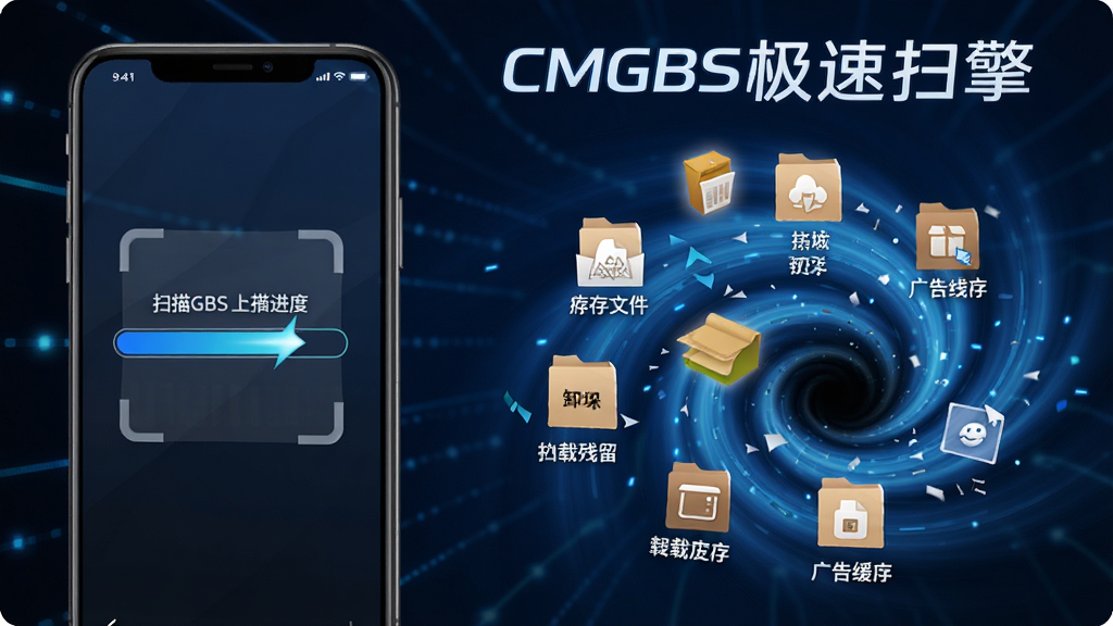 CMGBS����ɨ�����湦��չʾͼ�����������һ���ֻ���ʾɨ�����������ǰ�����Ҳ��Ǹ������͵������ļ�ͼ�걻����һ����������������У�ͼ����������ļ���ж�ز�������滺��ȣ������ǿƼ���ʮ�����ɫ��Ч�������������죬���ʸɾ������ֱ�ע��CMGBS����ɨ�衱