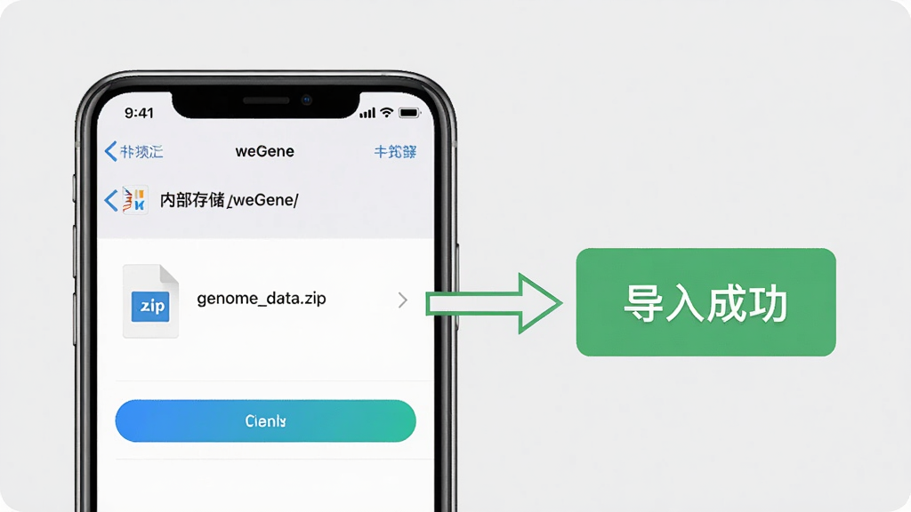 һ��չʾ΢����App���ݵ��벽���ʾ��ͼ�������������ֻ���Ļ����Ļ����ʾ�ļ�ѡ����棬·��Ϊ�ڲ��洢/weGene/���ļ���Ϊgenome_data.zip����Ļ�Ա��м�ͷָ��