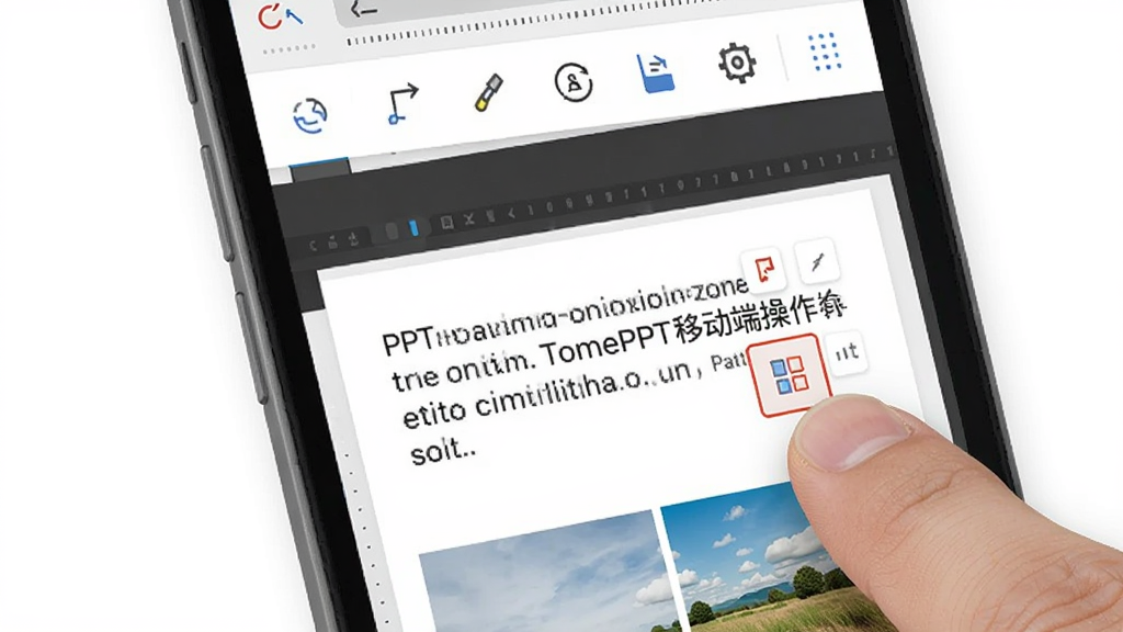 TomePPT�ƶ��˲�������չʾ���ֻ���Ļ��ʾPPT�༭ҳ�棬�Ϸ��й��������·������ֺ�ͼƬԪ�أ���ָ���ڵ���Ű水ť�������Ǽ��İ�ɫ����������������ִ���ƽ�����ʸɾ��޶���Ԫ��