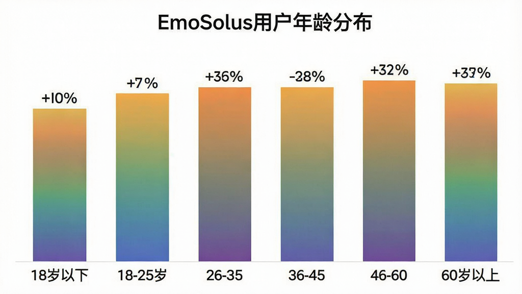 һ����״ͼչʾEmoSolus�û�����ֲ����������������ӷֱ����18�����¡�18-25�ꡢ26-35�ꡢ36-45�ꡢ46-60�ꡢ60����������Σ����ֺ������У��Ű�������ע�ٷֱȣ���������ݿ��ӻ���ϸ����������ɫ�������֣����ʸɾ��޶���Ԫ�أ�ͼ�������ע��EmoSolus�û�����ֲ���