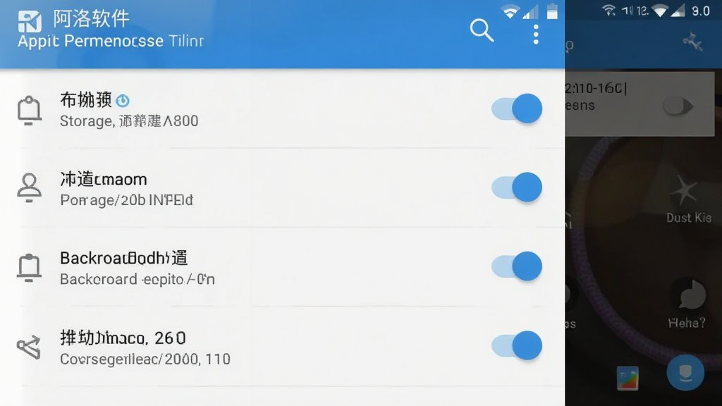 阿洛软件在手机上的安装权限设置界面截图,画面显示应用权限管理页面,包含存储、通知、后台运行等开关选项,背景为安卓系统原生设置界面风格,画质干净,标注清晰