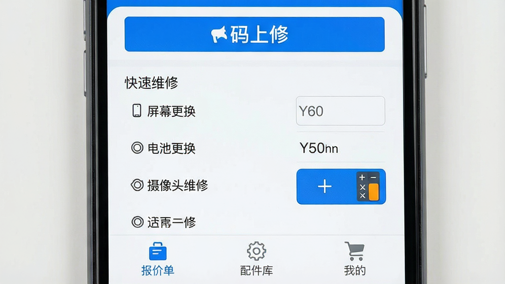 一张手机屏幕特写,屏幕中央显示“码上修”APP主界面,界面顶部有“快速报价”按钮,中间是手机维修项目列表如屏幕更换、电池更换、摄像头维修等,右侧有价格输入框和计算器图标,底部导航栏有报价单、配件库、我的三个选项,整体风格简洁扁平,蓝白配色,画质干净清晰,无多余元素
