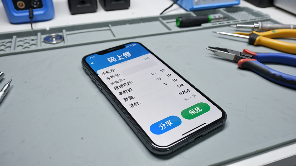 一部手机放在维修工作台上,屏幕显示“码上修”的报价单界面,报价单上有手机型号、维修项目、单价、数量、总价等字段,旁边有分享按钮和保存图片按钮,背景是干净的维修工具,风格写实,画质清晰,无多余元素