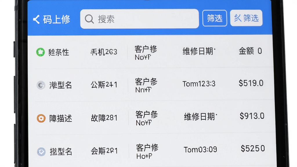 手机屏幕显示“码上修”的维修记录列表界面,每条记录包含客户姓名、手机型号、故障描述、维修日期和金额,按时间倒序排列,顶部有搜索框和筛选按钮,界面风格清爽,蓝白配色,文字清晰,画质干净,无多余元素