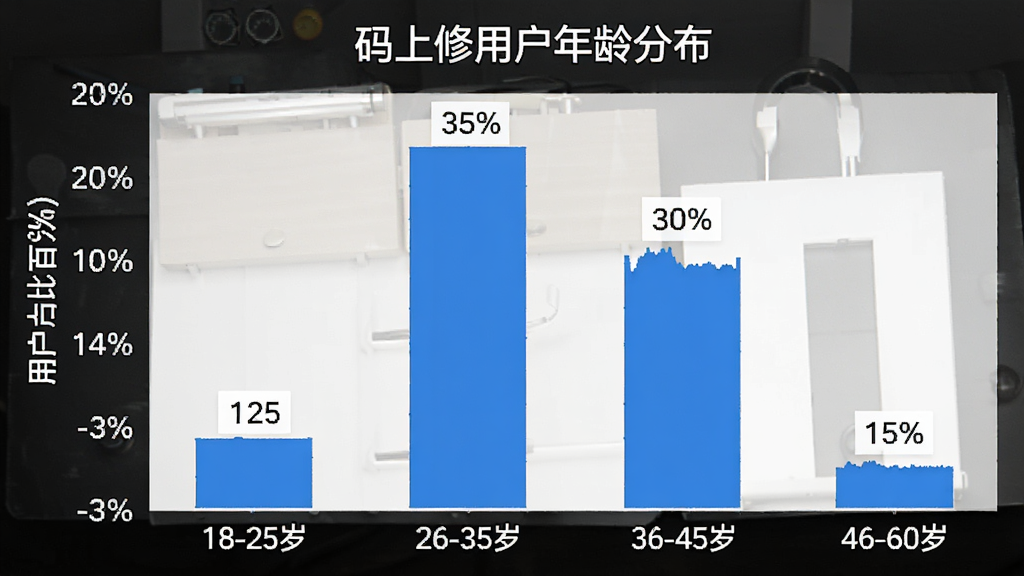 一张柱状图,标题为“码上修用户年龄分布”,横轴为年龄段18-25岁、26-35岁、36-45岁、46-60岁,纵轴为用户占比百分比,柱状图显示26-35岁占比最高约35%,36-45岁占比约30%,18-25岁占比约20%,46-60岁占比约15%,图表风格简洁,蓝白配色,数据标签清晰,画质干净,无多余元素