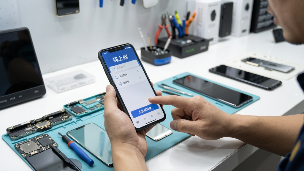 手机维修师傅在柜台前用手机打开“码上修”APP,手指正在点击屏幕上的“生成报价单”按钮,旁边放着拆机工具和几块手机屏幕,背景是手机维修店的柜台,光线明亮,风格写实,画质清晰,无多余元素