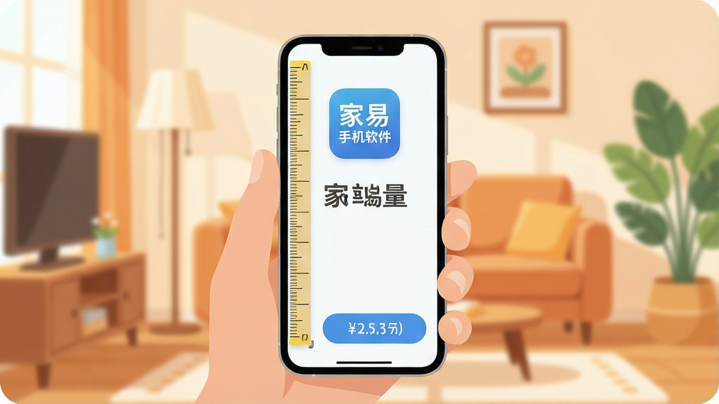 一张展示“家易量”手机测量软件核心全貌的图片,画面中央是一部手持智能手机,屏幕上显示着简洁的测量界面,包含虚拟卷尺刻度、测量按钮和结果数值,背景是温馨的家居环境,主体突出“家易量”软件图标和名称,布局采用居中构图,排版清晰,风格现代扁平化,细节圆润,画质干净明亮,无多余元素