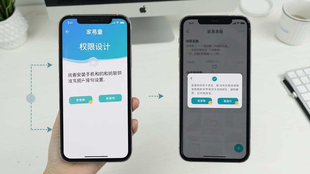 一张展示“家易量”软件在手机上安装和权限设置步骤的图片,画面主体是手机屏幕显示安装界面和权限弹窗,背景是简洁的桌面,布局采用步骤展示排版,风格教程类,细节清晰,画质干净,无多余元素