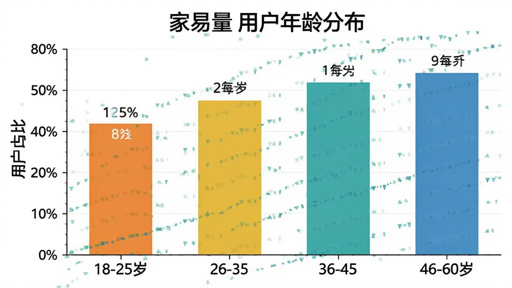 一张展示“家易量”用户年龄分布的柱状图,横轴为年龄段18-25岁、26-35岁、36-45岁、46-60岁,纵轴为用户占比,柱状图颜色清晰,背景干净,布局居中,风格数据可视化,细节标注明确,画质清晰,无多余元素