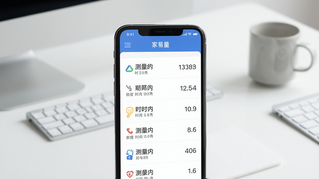 一张展示“家易量”软件历史记录功能的图片,画面主体是手机屏幕上的测量记录列表,每条记录显示测量时间和数值,背景是简约的桌面环境,布局采用列表展示排版,风格现代简约,细节清晰,画质干净,无多余元素