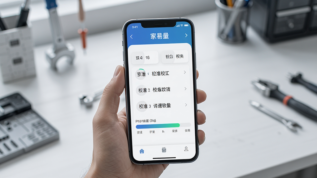 一张展示“家易量”软件校准功能的图片,画面主体是手机屏幕上的校准界面,显示着校准步骤和进度条,背景是简洁的工作台环境,布局采用功能说明排版,风格科技感,细节精致,画质清晰,无多余元素