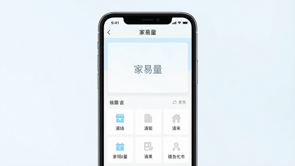 一张展示“家易量”软件清爽无广告界面的图片,画面主体是手机屏幕上的软件主界面,界面干净整洁,没有广告弹窗,背景是纯净的浅色背景,布局采用居中展示排版,风格极简清新,细节干净,画质明亮,无多余元素