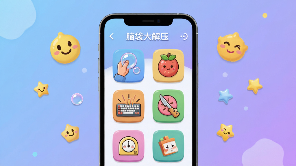 һ��չʾ�Դ����ѹAPP����ȫò��ͼƬ�������������ֻ���Ļ����Ļ����ʾ�Դ����ѹ�������棬�������и���Ȥζ��ѹС��Ϸ��ͼ�꣬���������ݡ���ˮ�����Ҽ��̵ȣ���������͵�����ɫ���䣬��ΧƯ����Ц��������Ԫ�أ�������ɻ��ã����ʸɾ��������޶���Ԫ��