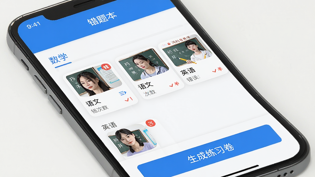 �ֻ���Ļչʾ�����赼����APP�Ĵ��Ȿ���棬������ʾ�����Ȿ�����⣬�·�����ѧ�����ġ�Ӣ��������д��⿨Ƭ��ÿ�ſ�Ƭ������Ŀ����ͼ�ʹ��������ǣ��ײ��С�������ϰ������ť��������ˬ��������ɫ����ƽ����񣬻��ʸɾ����޶���Ԫ��
