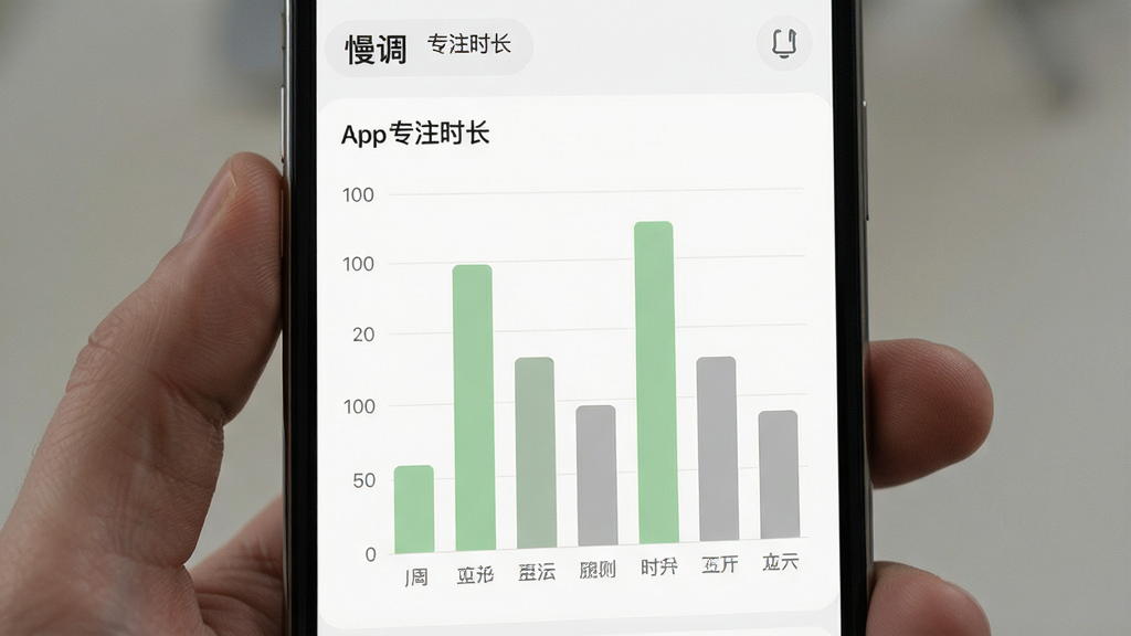 һ��չʾ��������App����ͳ��ҳ���ͼƬ���ֻ���Ļ��ʾһ�ܵ�רעʱ����״ͼ�����Ӹ߶Ȳ�һ���·������ڱ�ǩ��ͼ����ɫΪ��͵���ɫ�ͻ�ɫ�����汳��Ϊ��ɫ���������������ּ�࣬�޶���װ��Ԫ�أ����ʸɾ�