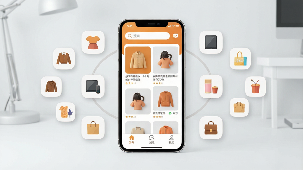 һ��չʾ�����׻�APP����ȫò�ĳ���ͼ������������һ�������ֻ����ֻ���Ļ��������ʾ�����׻�APP�������棬������ů��ɫ�Ͱ�ɫΪ��ɫ��������������������Ϣͼ�꣬�м�����Ʒչʾ�ٲ������ײ��з�������Ϣ���ҵ�����������ť���ֻ���Χ�����Ÿ�����ƷСͼ�����װ�����Ӳ�Ʒ�����ðٻ��ȣ������Ǹɾ���ǳ��ɫ���������棬����ִ���ƽ����ϸ��Բ�󣬻��ʸɾ��������޶���Ԫ��