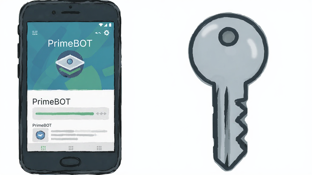 一张展示 PrimeBOT 免Root运行原理的示意图,主体是一个手机和一把钥匙的图标,布局左右分列,排版简洁,风格为插画风,细节上手机屏幕显示 PrimeBOT 界面,钥匙代表无障碍权限,画质清晰干净,无多余元素