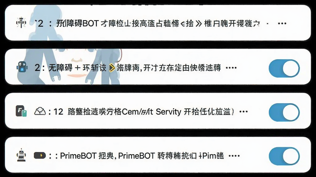一张展示 PrimeBOT 无障碍服务开启步骤的图片,主体是手机设置界面,布局从上到下显示步骤指引,排版清晰,风格为扁平化教程插图,细节上高亮显示了「无障碍」菜单和 PrimeBOT 开关,画质干净,无多余元素