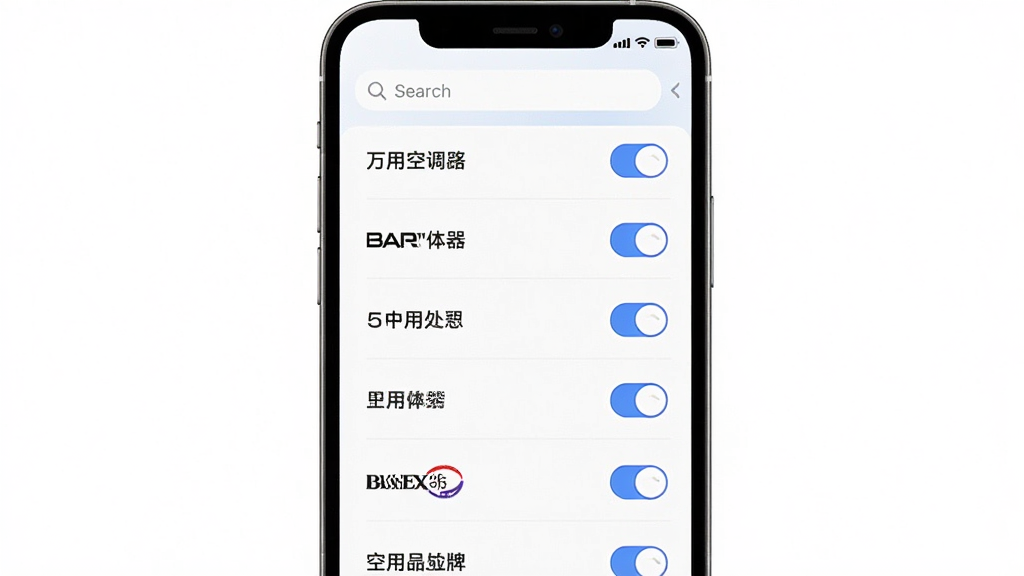 万用空调遥控器应用内展示空调品牌列表的界面截图,主体是手机屏幕,布局为纵向滚动列表,每个品牌名称旁边有选择按钮,顶部有搜索框,风格清爽简洁,细节清晰,画质干净,无多余元素
