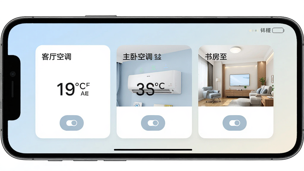 万用空调遥控器多设备管理界面截图,手机屏幕显示三张空调卡片,分别标注客厅空调、主卧空调、书房空调,每张卡片上有温度显示和开关按钮,背景为浅色渐变,风格简约现代,细节清晰,画质干净,无多余元素