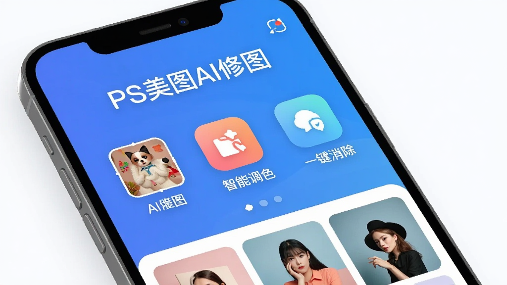PS美图AI修图 手机修图软件主界面展示 蓝色渐变背景 顶部显示软件名称“PS美图AI修图” 中间展示AI抠图 智能调色 一键消除三个功能图标 底部为作品展示区 简洁现代扁平化风格 细节圆润 画质干净 无多余元素