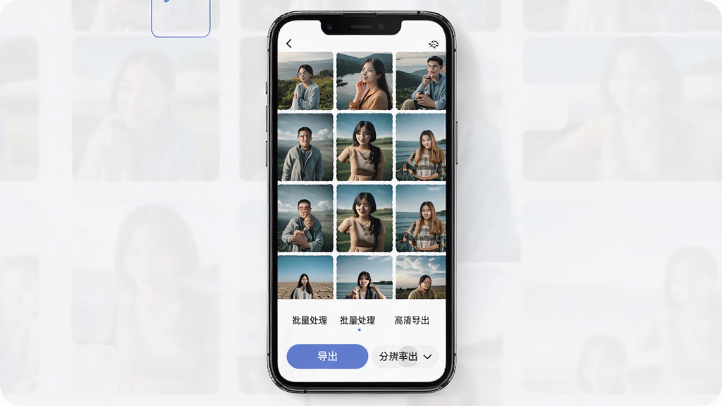 PS美图AI修图 批量处理与高清导出功能展示 手机屏幕显示多张照片缩略图排列 底部有导出按钮和分辨率选项 标注“批量处理”“高清导出” 界面简洁现代 画质清晰 无多余元素