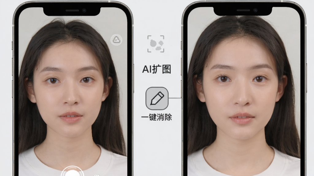 PS美图AI修图 AI扩图与一键消除功能展示 手机屏幕左侧显示原图右侧显示扩图后效果 中间有消除笔图标 背景为浅灰色 界面标注“AI扩图”“一键消除” 风格简洁干净 画质清晰 无多余元素