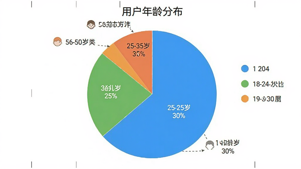 PS美图AI修图 用户年龄分布饼状图 展示18-24岁占比30% 25-35岁占比35% 36-50岁占比25% 50岁以上占比10% 图表风格简洁清晰 标注“用户年龄分布” 画质干净 无多余元素