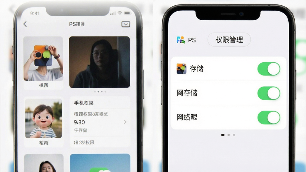 PS美图AI修图 手机权限设置界面展示 显示相册 存储 网络权限开关 标注“权限管理” 界面简洁清晰 画质干净 无多余元素