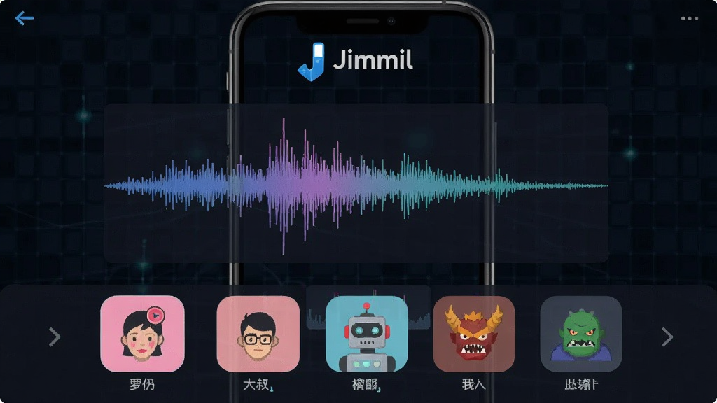 Jimmil软件主界面全貌展示,手机屏幕中央显示实时变声波形图,下方排列着萝莉、大叔、机器人、怪兽等音效图标,背景是深色科技感网格,顶部有Jimmil的logo标识,界面干净整洁,风格现代扁平化,画质清晰无多余元素
