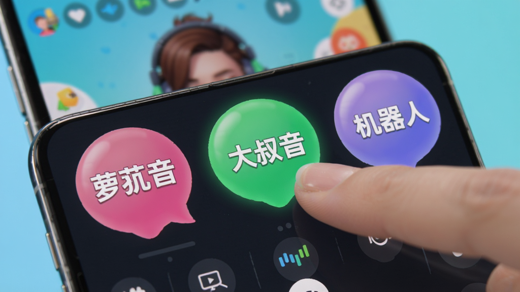 Jimmil实时变声功能界面特写,展示音效选择面板,画面中有多个彩色音效气泡,气泡上写着萝莉音、大叔音、机器人等字样,一个手指正在点击其中一个气泡,背景是手机游戏语音聊天的模糊画面,风格活泼明快,画质干净