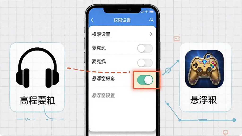 Jimmil使用教程示意图,手机屏幕显示权限设置页面,高亮标注麦克风和悬浮窗权限开关,旁边有耳机图标和游戏图标,背景是浅灰色网格,风格信息图表化,画质清晰,文字标注为中文