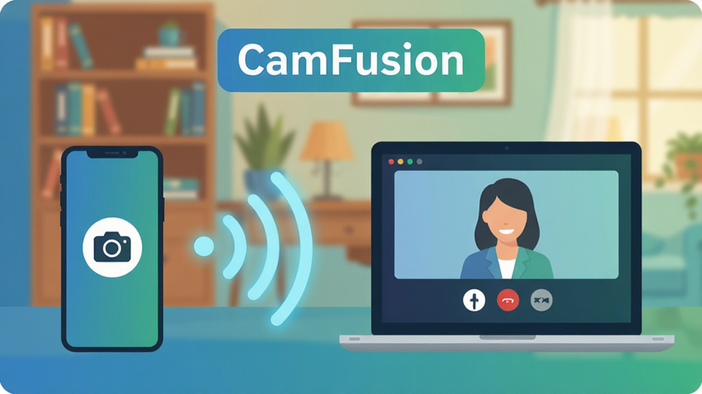 һ��չʾCamFusion�������ӹ��ܵ�ʾ��ͼ�����������һ���ֻ����Ҳ���һ̨�ʼǱ����ԣ�����֮����һ������������źŲ������ӣ��ֻ���Ļ��ʾ���ͼ�꣬������Ļ��ʾ��Ƶͨ�����棬��������ܰ�ļ�ͥ�鷿����������ƽ���廭�����̽���ɫ�����������붥���С�CamFusion�����ֱ�ʶ������ɾ����࣬�����������޶���װ��Ԫ�ء�