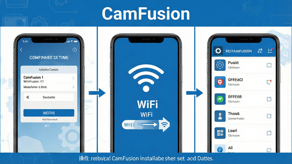 һ��չʾCamFusion��װ���ò����ͼ��ʾ��ͼ�������Ϊ��������������ֻ�Ȩ�����ý����ͼ����м���WiFi����ʾ��ͼ���Ҳ��������������豸�б������岼�������������̷̳磬������ɫ�����涥���С�CamFusion�����ֱ��⣬�ײ��в�����ʾС�֣����ʸɾ����޶���װ�Σ��ʺ���Ϊ�̳���ͼ��